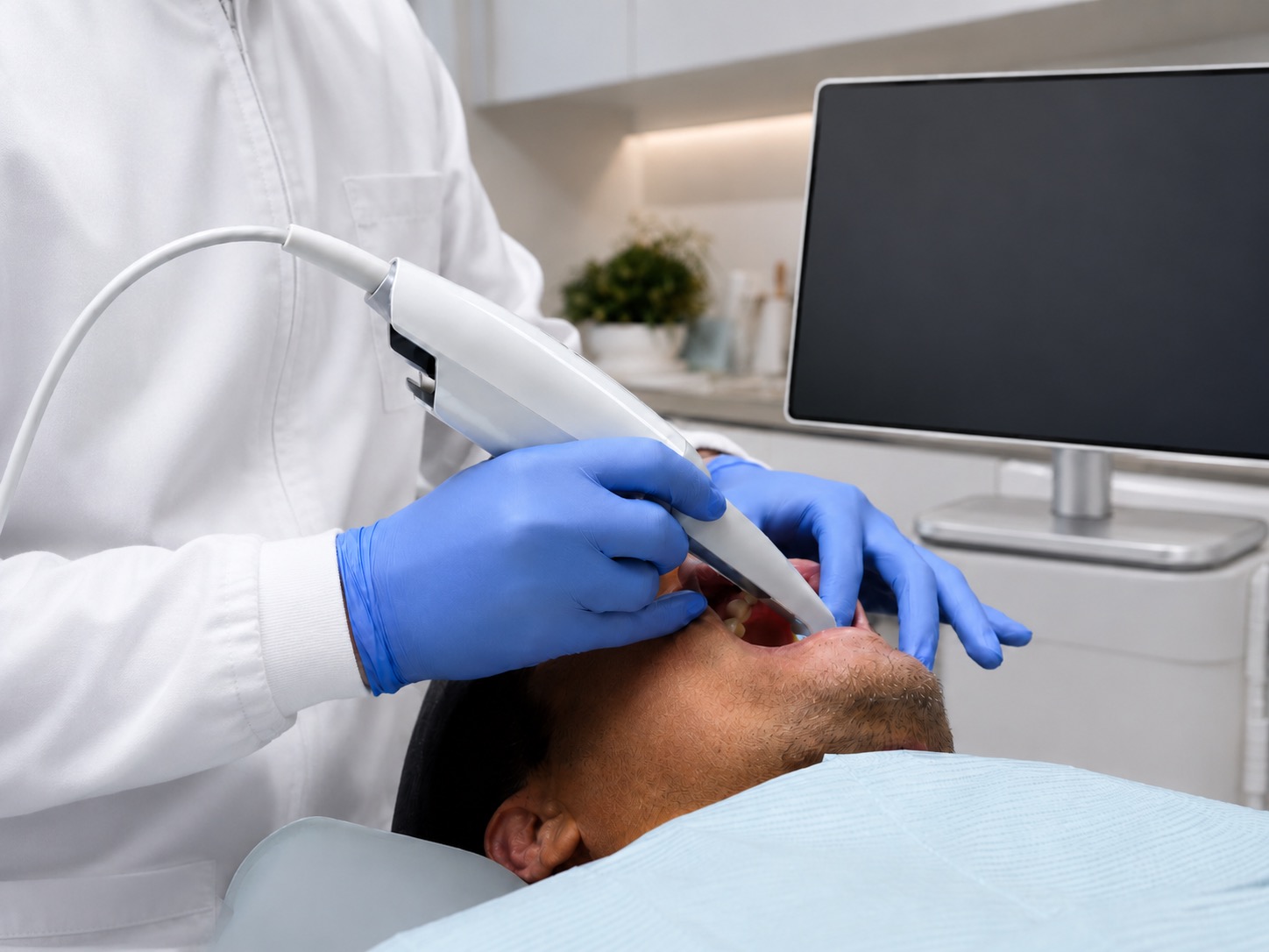 Digital 3D intraoral scanner capturing a tooth — no impression trays and no putty